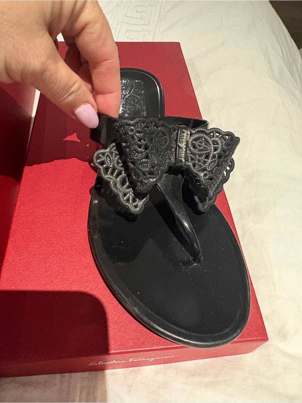 Salvatore Ferragamo Black Bow Jelly Thong Sandals - Picture 2 of 7